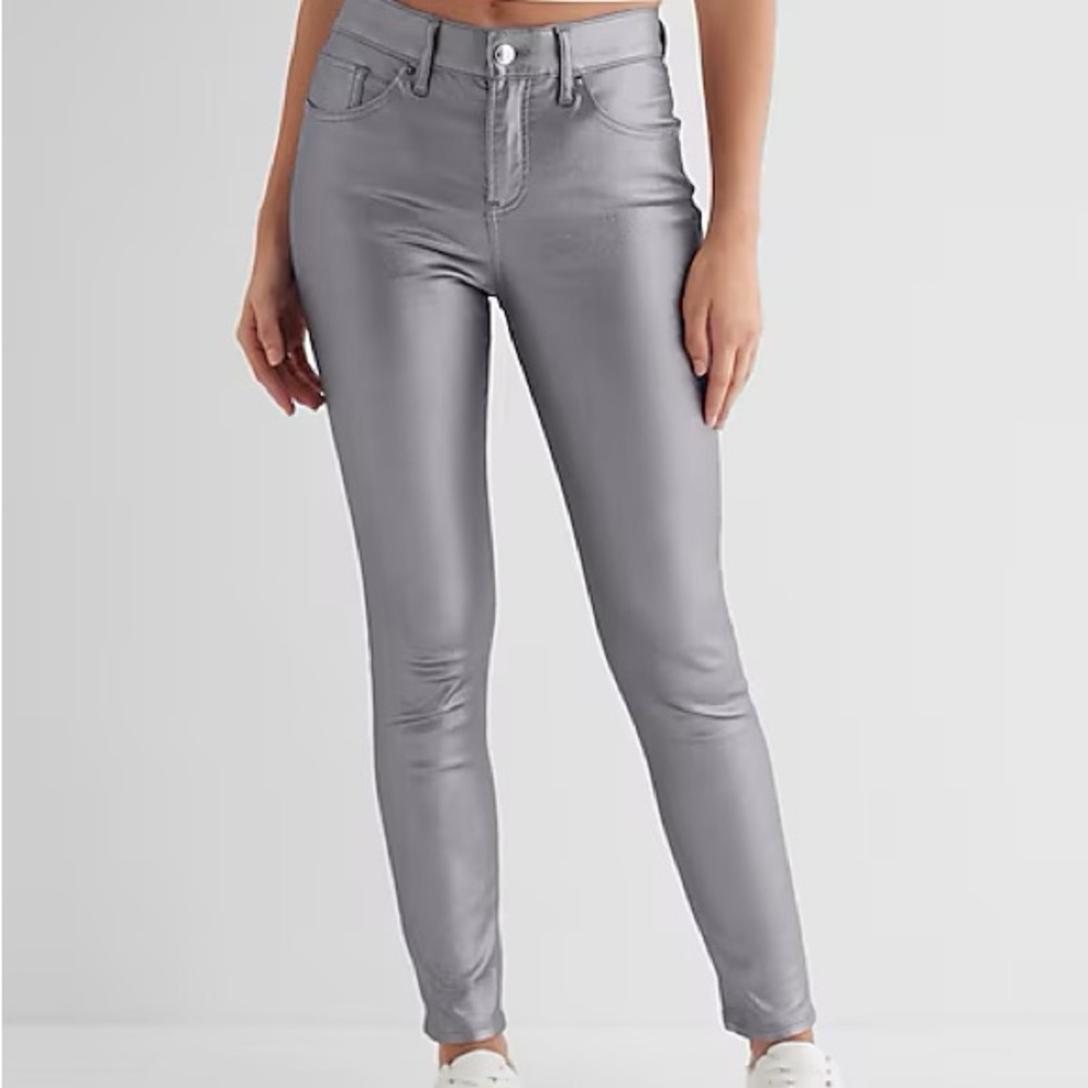 Express mid rise gray Metallic coated skinny jeans NWT
